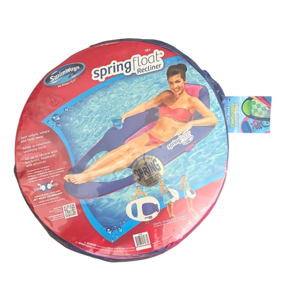 SwimWays Spring Float Recliner Blue Pink Inflatable Pool Lounger Mesh Seat 13068